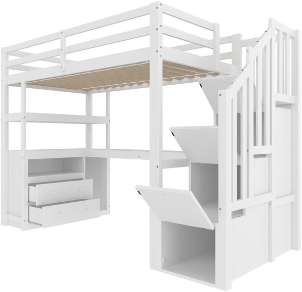 Merax 90*200cm, Hochbett, Bett und Tisch, Stauraumleiter, zwei Schubladen, weiß Bild 7