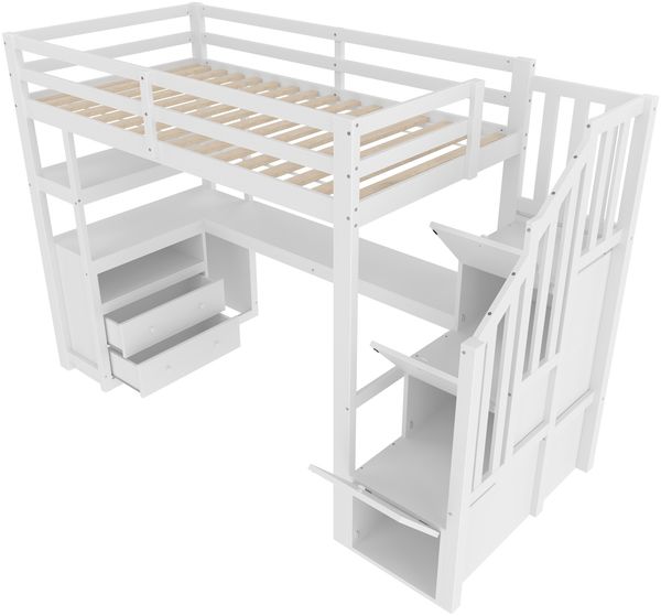 Merax 90*200cm, Hochbett, Bett und Tisch, Stauraumleiter, zwei Schubladen, weiß Bild 9