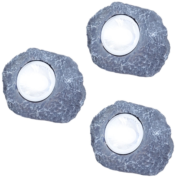 3x LED Solarleuchte Stein grau, Außendeko