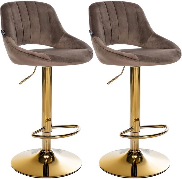 CLP 2er Set Barhocker Milet Samtbezug höhenverstellbar drehbar mit Rückenlehnen,braun Metall gold
