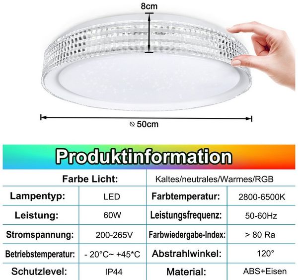 FIVMEN LED Deckenleuchte LED Deckenlampe RGB Farbwechsel Sternenhimmel, Dimmbar LED mit Fernbedienung für Schlafzimmer Küche
