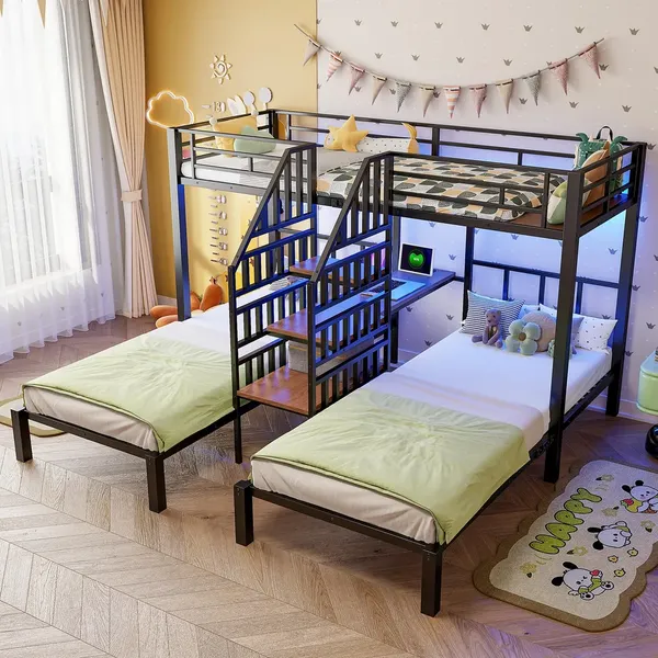 Etagenbett mit 3 Liegeflächen, Lattenrost, Rausfallschutz, Nachttisch, Treppe, Steckdose, USB, LED, 90x200cm, Kinderbett, Metallbett