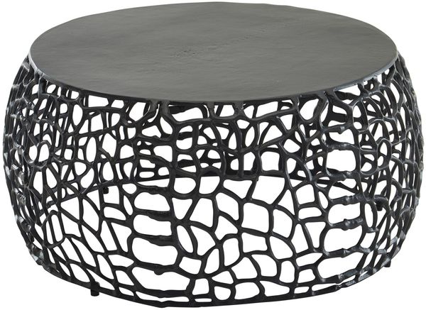 Couchtisch Metall Schwarz 66 x 66 x 30 cm Sofatisch Aluminium Rund, Design Wohnzimmertisch mit Ast-Struktur, Kleiner Kaffeetisch Modern, Beistelltisch Anstelltisch Wohnzimmer