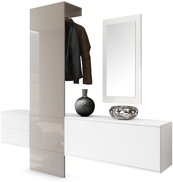 Garderobe Wandgarderobe Carlton Set 1, Korpus in Weiß matt / Paneel in Sandgrau Hochglanz