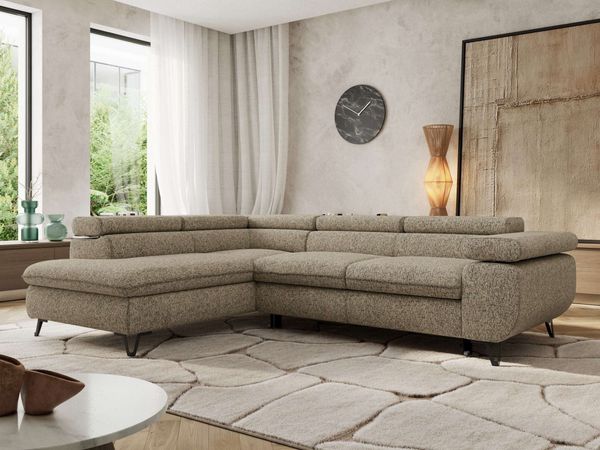 MKS Möbel 'Pablo L-Form' Ecksofa mit Schlaffunktion, verstellbare Kopfstützen, Dunkelbeige, Struktur, ohne Topper, Links