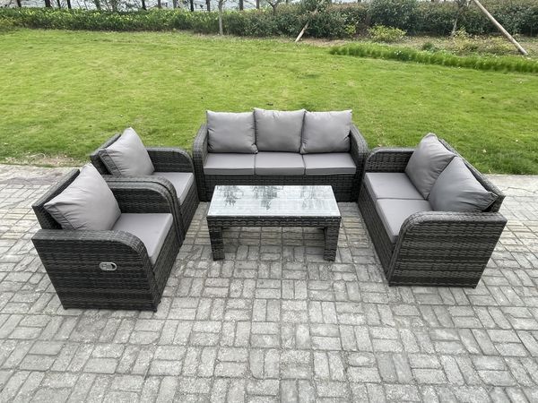 Fimous Rattan Gartenmöbel Set im Balkon 7-Sitzer Garten Sofa Set mit Rechteckiger Couchtisch Liegestühle Loveseat Sofa