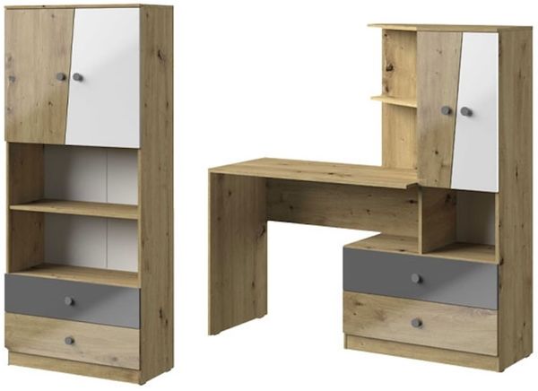 Arbeitszimmer Set "Nero" 2-teilig artisan eiche weiß grau Hochglanz