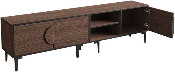 TV-Schrank 180x35x49 cm in Dunkelwalnuss mit 3 Türen, offenen Fächern und schwarzem Rahmen Bild 6