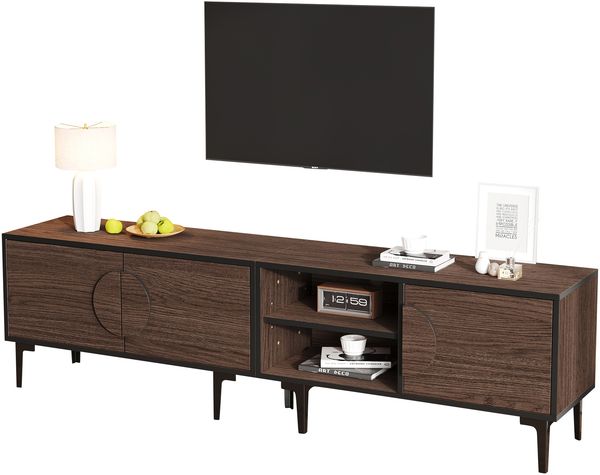 TV-Schrank 180x35x49 cm in Dunkelwalnuss mit 3 Türen, offenen Fächern und schwarzem Rahmen Bild 7