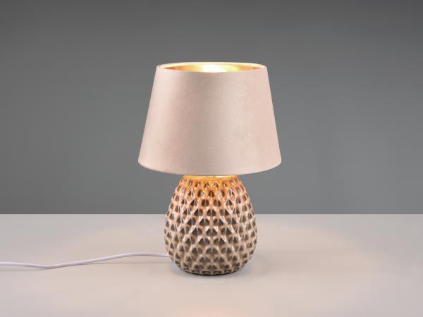 LED Retro Tischleuchte mit Samtschirm in Beige/Gold, Höhe 35cm