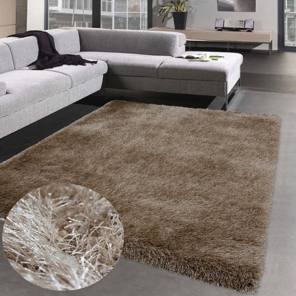 Carpetia Teppich Einfarbiger Hochflor-Teppich, glänzend& weich, beige, rechteckig, Höhe: 70 mm, Fußbodenheizungsgeeignet