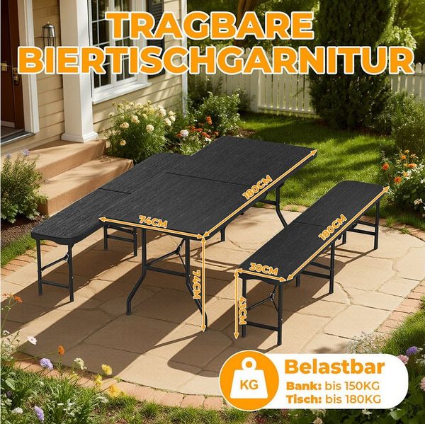 Clanmacy Bierzeltgarnitur Festzeltgarnitur, Biertisch Set, klappbar Campingtisch Holzma serung, (klappbar Festzeltgarnitur, 3-tlg, 180cm Klappbar Stabil 3 Teilig 2x Bierbank 1x Breiter Tisch), Wetterfest & Pflegeleicht