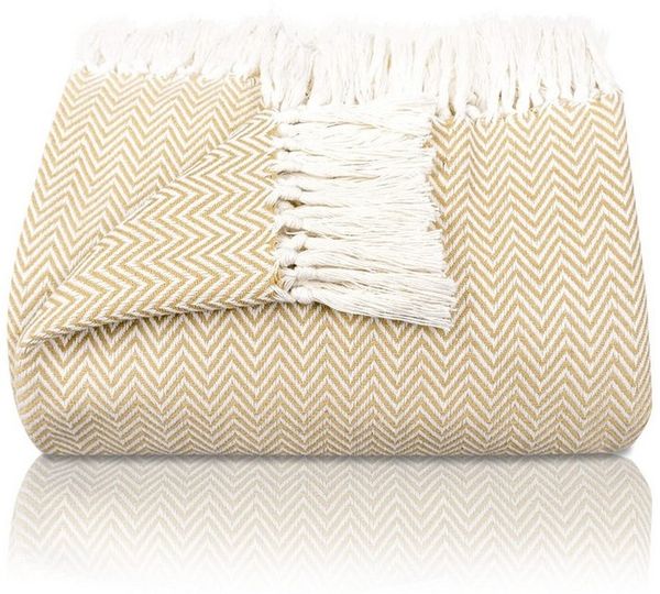 Gräfenstayn Tagesdecke mit Fransen aus 100% Baumwolle – Baumwolldecke mit Fischgrätenmuster, Wohndecke als Sofa-Überwurf, Bett-Überwurf, Couch-Überwurf, Sofa-Decke