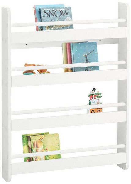 SoBuy Bücherregal DE-KMB08, Spielzeugtruhe Spielzeugregal für Kinderzimmer, Spielzimmer, mit 4 Ablagen, Kiefernholz, Kinderregal, Bücherregal Kinder, Wandregal
