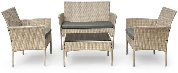 Bettso 'LUNGO' Gartenmöbel-Set 4-tlg. Sitzgruppe mit Sofa, 2 Sesseln und Tisch, Polyrattan Natur & Stahl