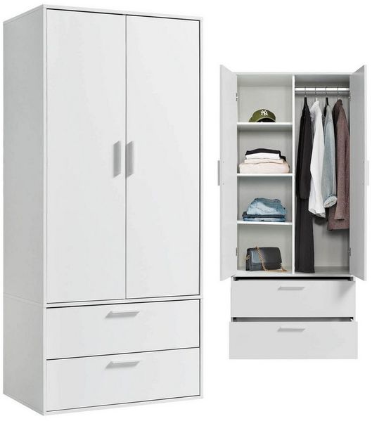 mokebo Kleiderschrank Der Kleiderheld (80x180x51 cm, 2-türig, 2 Schubladen & 4 Fächer) Garderobenschrank, Schlafzimmerschrank oder Schrank in Weiß