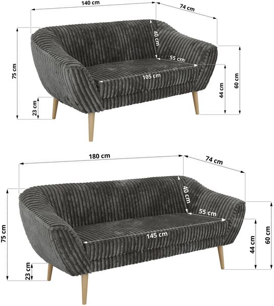 Skandinavisches Sofa Set PIRS 3-2, Komplettset, Wellenfederung, Buche Füße, Sitzgruppe, Polstermöbel Set - Grau Cord Bild 5