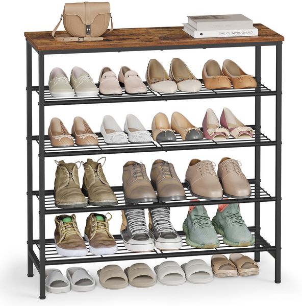VASAGLE Schuhbank, Schuhregal, Schuhaufbewahrung, Flur, Wohnzimmer, Schlafzimmer, Metallgestell, 5 Ebenen, 30 x 75 x 87 cm, für 18-24 Paar Schuhe, vintagebraun-tintenschwarz LBS050KD01