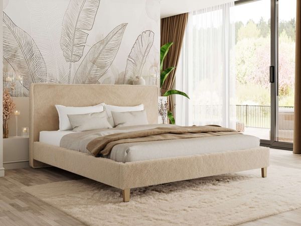 Design Polsterbett LUMARO CLASSIC 180 x 200 cm mit Lattenrost & 12cm hohen Füßen, Doppelbett mit Kopfteil, Konfigurierbar, Multipocket Matratze - Beige Plüsch - ELORI LUX