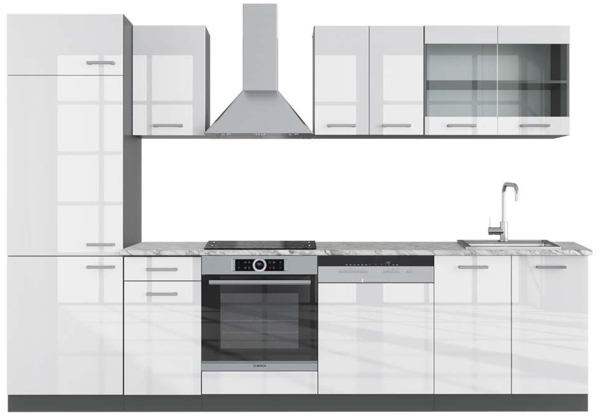 Küchenzeile R-Line Weiß Hochglanz/Anthrazit 300 cm , AP Marmor Vicco