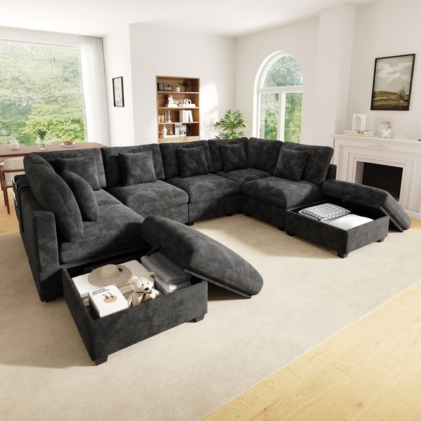 Merax XXL U‑förmiges Ecksofa, 8‑Sitzer Modulsofa mit Schlaffunktion, mit 2 beweglichen Fußhockern, mit Stauraum und Armlehnen‑Seitentaschen, inkl. 6 Dekokissen, Chenille‑ und Waffelstruktur‑Stoff, grau