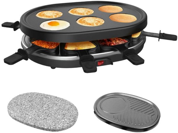Todeco - 3 in 1 Raclette-Set, Grill mit Naturstein - Material: 304 Edelstahl - Strom: 900 W - Schwarz, Vollständiger Satz Grillplatten