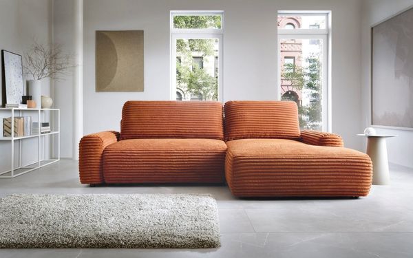 Goldstoff Ecksofa mit Schlaffunktion und Bettkasten, Cord Sofa - Modernes Schlafsofa, L-Form Schlafsofa mit Schlaffunktion und Bettkasten, moderner Cordstoff 2 Teile, pflegeleichtes Cordsofa mit Schlaffunktion in ziegelrot