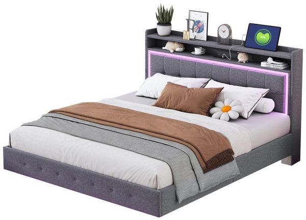 Flieks Polsterbett, LED Doppelbett 160x200cm mit USB-Laden und Stauraum am Kopfteil Leinen