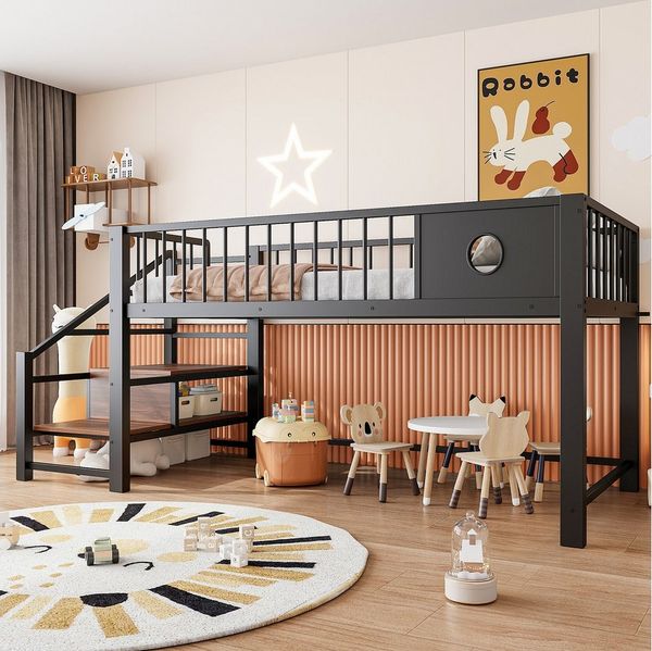Flieks Kinderbett, Niedriges Hochbett Metallbett 90×200cm mit Aufbewahrungstreppe