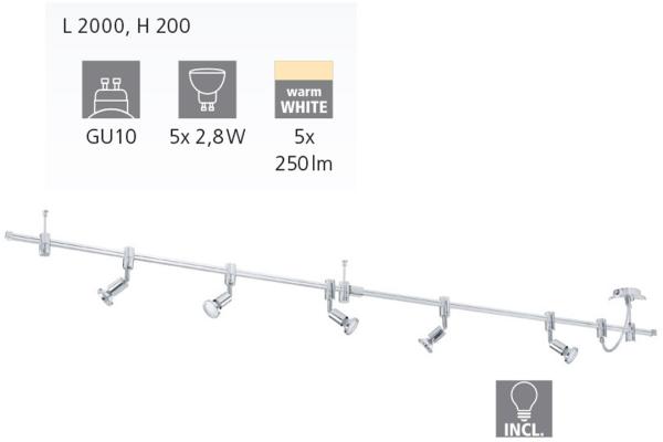 Eglo 93359 LED Spotleuchte VILANOVA Alu Stahl, chrom GU10 max. 5X2,8W L:200cm H:20cm 3000K