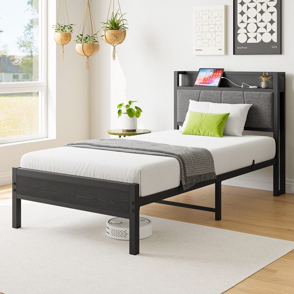 Metallbett 90x200 cm mit USB & Stauraum-Kopfteil, Schwarz, Traglast 400 kg (ohne Matratze)
