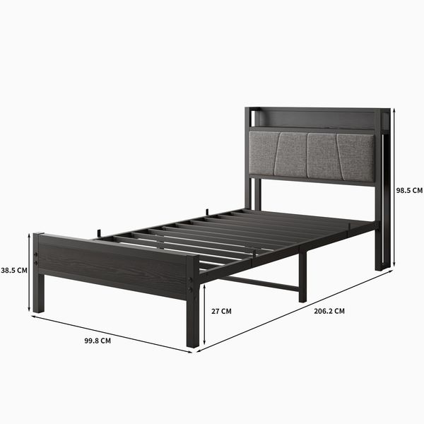 Metallbett 90x200 cm mit USB & Stauraum-Kopfteil, Schwarz, Traglast 400 kg (ohne Matratze) Bild 10