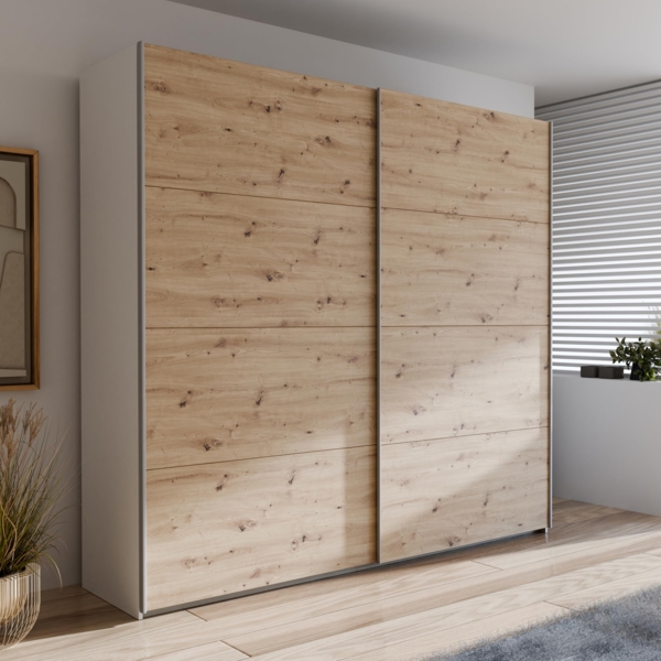 Forte Schach & MATT 2 Kleiderschrank 220, Schwebetürenschrank mit Einlegeböden und Kleiderstange, 2-türig, Holzwerkstoff, Weiß/Artisaneiche Holzdekor, 220,1 cm breit x 210,5 cm hoch x 61,2 cm tief