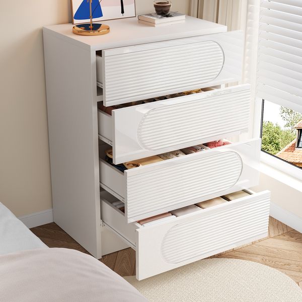 Kommode 60x38,5x85 cm, weiß, 4 Schubladen mit Vollauszug, Hochglanz-Fronten