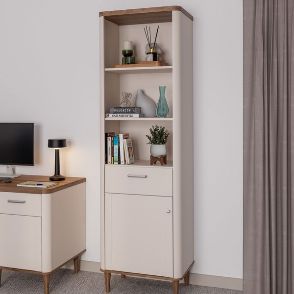 Forte LACETTI Regal 60, elegantes Bücherregal mit 2 Einlegeböden, 1 Schublade, 1 Tür, Wohn-/Schlafzimmer, Kaschmir|Beige|Valencia Eiche Holzdekor, 60,4 cm breit x 200,5 cm hoch x 41,2 cm tief