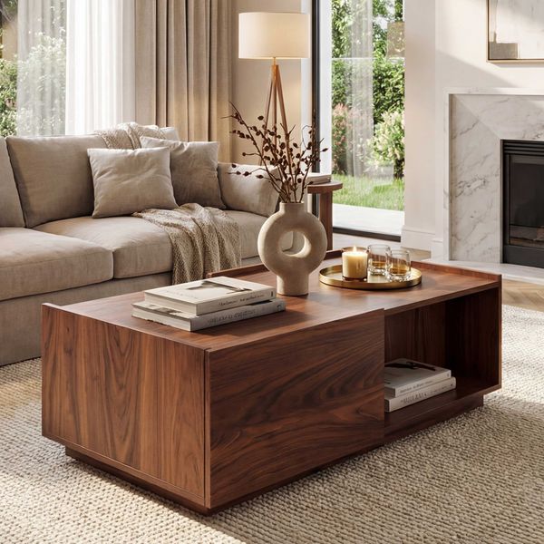 Couchtisch HWC-J78, Wohnzimmertisch Beistelltisch Sofatisch, Schublade, MDF 110x50x40cm ~ Walnuss-Optik