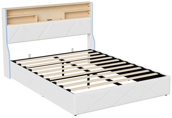 Furnishings Home Stauraumbett Polsterbett LED Doppelbett, Kunstlederstoff (1-tlg, Type-C + 2 USB, Hydraulisch hebbarer Stauraum), Mit Bettkasten, LED-Beleuchtung, USB-Anschluss, 140x200 cm