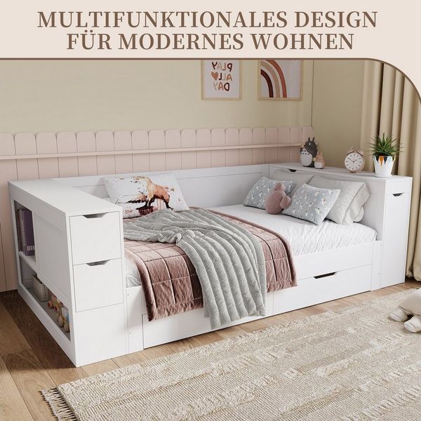 SeedWave Daybett Holzbett mit Stauraum, Ausziehbares Regal im Kopfteil, 90/140×200cm, Aufbewahrungskasten mit Klappdeckel