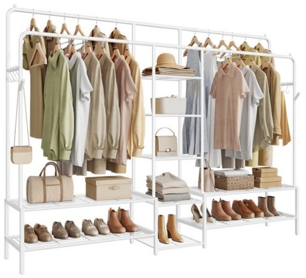 SONGMICS Kleiderständer, offener Kleiderschrank, Garderobenständer mit 9 Ablagen, Metallrahmen, weiß