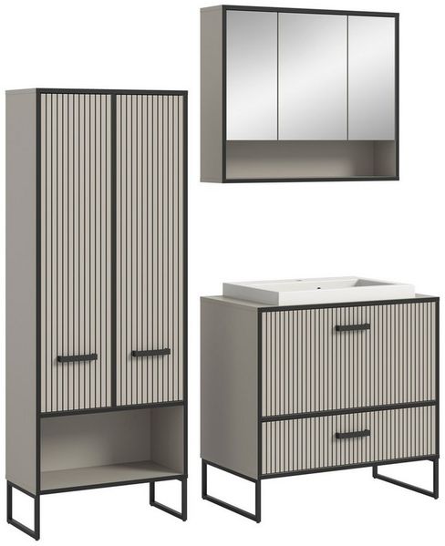 welltime Badmöbel-Set Locri, Breite 154 cm, Rillenoptik, Metallkufen, (3-St), best. aus: Hochschrank, Spiegelschrank, Waschtisch