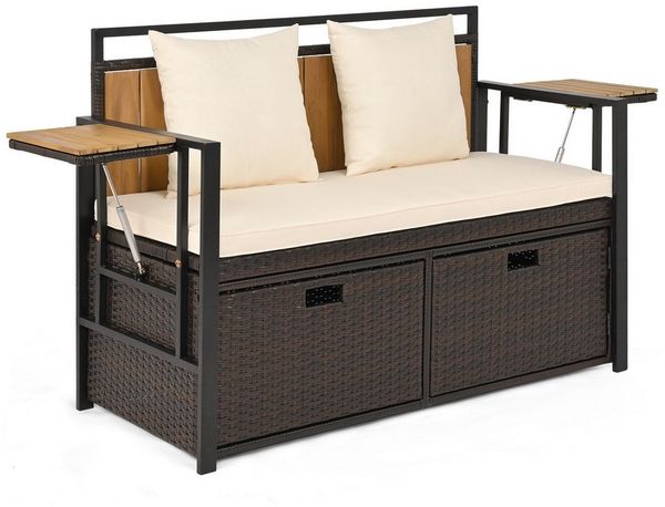 COSTWAY Gartenbank, Polyrattan mit Stauraum, klappbaren Seitenablagen & Kissen 120cm