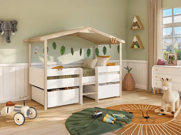 Vente-unique - SAROSI Bett Holz, PlatteHolz, Platte BeigeWeiß - B 99,8 cm x H 165,3 cm x L 213,5 cm