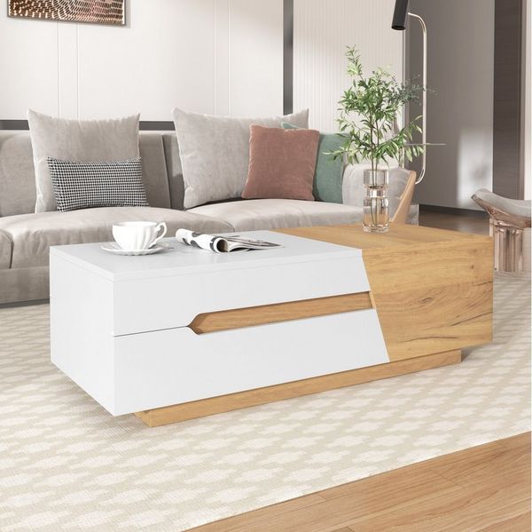 Furnishings Home Couchtisch Ausziehbarer mit Schubladen Weißes natürliches Holzfinish (1-St), Geeignet zur Aufbewahrung von Büchern, Zeitschriften, Fernbedienungen