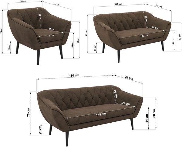 Wohnzimmerset PIRS 1-2-3, Skandinavisches Komplettset, Wellenfederung, schwarze Füße, Sitzgruppe, Möbelset - Braun Velvet Bild 5