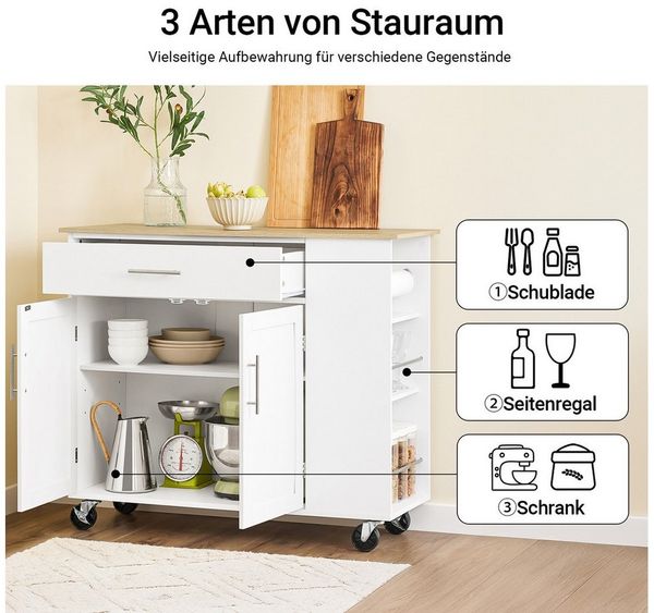 SoBuy Küchenwagen FKW108, Kücheninsel mit Arbeitsplatte, Sideboard freistehend, mit Arbeitsplatte, Servierwagen auf Rollen, Küchenschrank Esszimmer