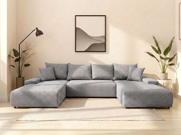 WERK2 Wohnlandschaft Amalfi, B/T: 348/188 cm, in Cord mit Schlaffunktion & Bettkasten, modernes XXL Design, U-Form