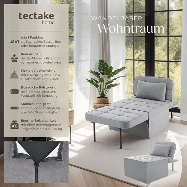 tectake Relaxsessel gepolsterter Schlafhocker mit extra Kopfkissen, Belastbarkeit 150 kg (Schlafsessel Ponto, in Hellgrau), 5 in 1, 6-fach verstellbare Rückenlehne, stabiles Stahlgestell