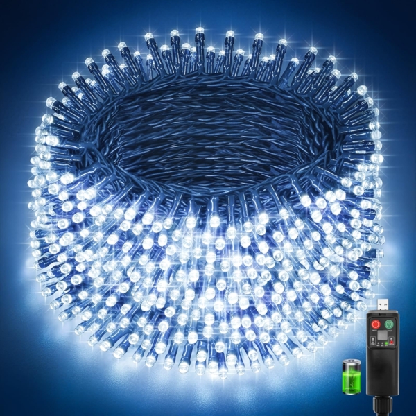 Lichterkette Außen Batterie USB Aufladbare, Weihnachtsbaum Innen Deko Outdoor Akku LED Lichterketten 30M 300LED, Kaltweiß 8 Modi Timer Wasserdicht Weihnachtsbeleuchtung für Garten Baum Party Hochzeit