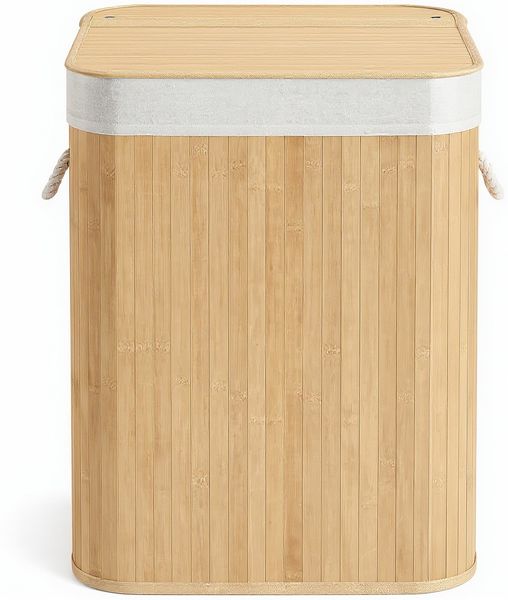 SONGMICS Wäschekorb, 95 L Wäschesammler mit Deckel, Wäschebox Bambus, mit Griffen, faltbar, naturfarben