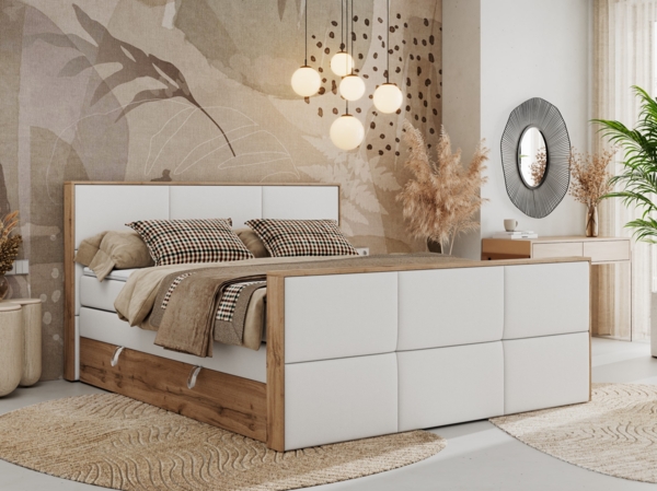 Doppelbett, Boxspringbett mit zwei Multipocket-Matratzen und ein Topper, Bettkästen, Eiche Wotan Holzrahmen, genähtes Kopfteil und Front - ALBERO 2 KING DUO - 140 x 200 cm - Weiß Kunstleder - H4